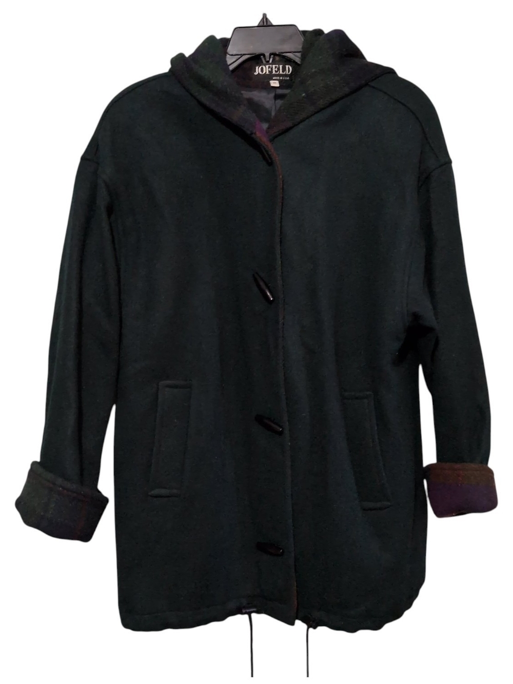 Jofeld Black Plaid Accented Hooded Wool Blend Toggle Button Duffle Coat